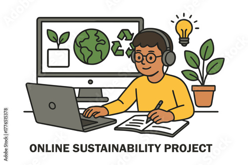 Young student working on online sustainability project with laptop and notebook
