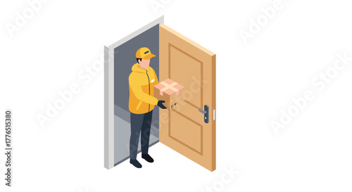 Delivery person handing package at open door in isometric design