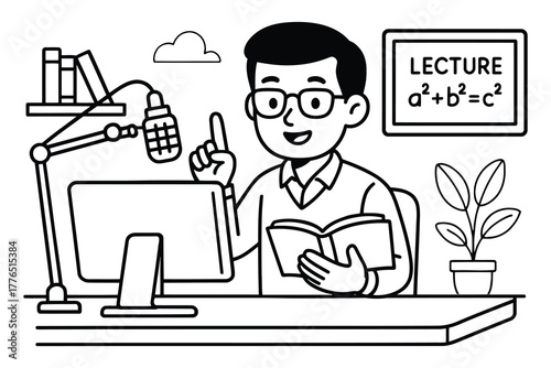 Smiling male teacher giving online lecture from home with books and computer