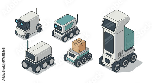 Futuristic delivery robots set in minimalist isometric style