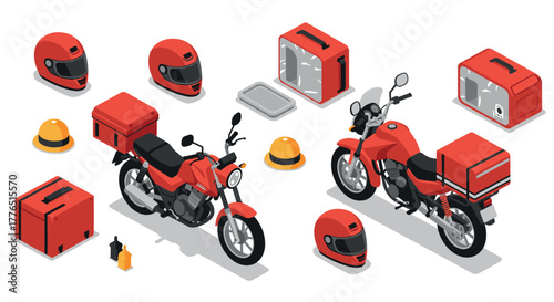 Red delivery motorbikes and gear isometric set with helmets and accessories