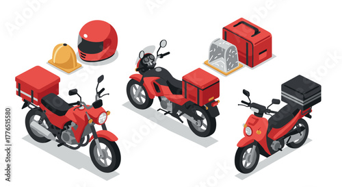 Isometric red motorcycles and delivery gear with helmets and boxes