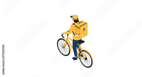 Courier on bicycle delivering package in isometric design