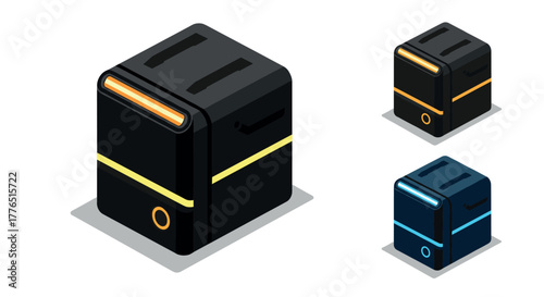 Isometric 3d toaster design variations with modern style and color accents
