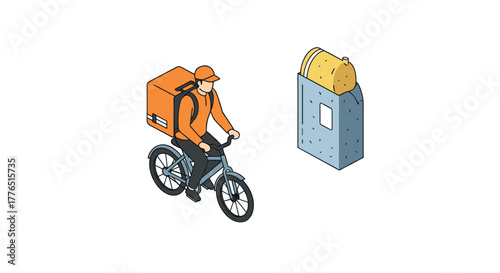 Isometric delivery biker with parcel by package locker