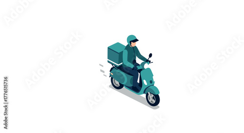 Isometric food delivery scooter with rider in motion on white background