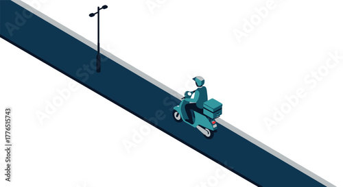Isometric delivery rider on scooter traveling along empty urban street