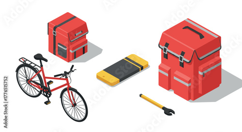 Isometric bicycle delivery equipment with repair tools and luggage