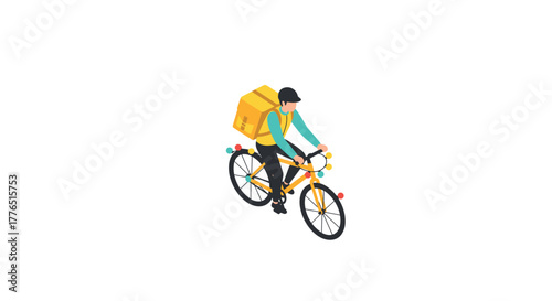Isometric bicycle courier with yellow backpack for fast food delivery services