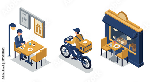 Restaurant dining, delivery biker, and cafe window scenes in isometric style