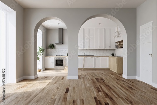 Modern Kitchen and Living Area Showcase Bright Design With Arches and Natural Light