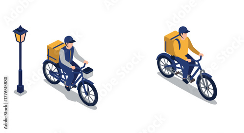 Isometric bicycle delivery riders with backpacks near street lamp