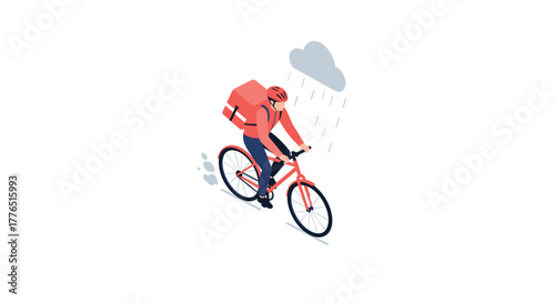 Cyclist delivering package in rainy weather with cloudy skies
