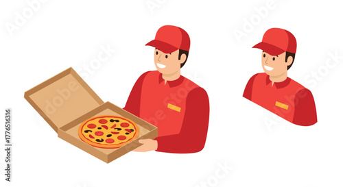 Delivery person holding pizza box in uniform with cap in isometric style