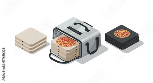 Isometric pizza delivery concept with insulated bag and stacked boxes