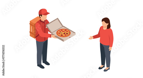 Isometric pizza delivery scene with courier handing over pizza to customer