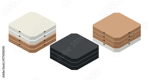 Isometric pizza boxes stack in minimalist design with neutral colors