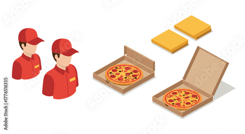 Isometric pizza delivery concept with boxes and delivery team in red uniform