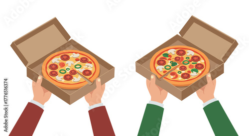 Holding pizza boxes two hands presenting delicious pizzas in open boxes