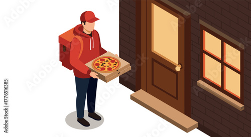 Isometric pizza delivery scene with couriers at doorstep