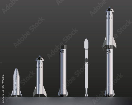 Space rocket collection. Flight spaceship with space module, rocket for suborbital flight, space mission and astronomy concept. Vector set. Futuristic technology, spacecrafts for exploration