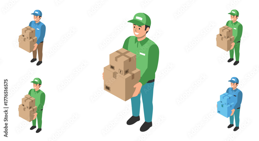 Fototapeta premium Delivery workers carrying cardboard boxes in isometric style