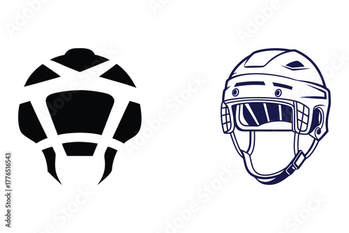 Hockey goalie mask and player helmet side by side sports gear icons vector