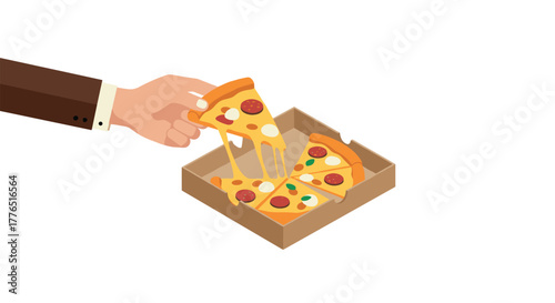 Hand taking slice from box with toppings and cheese