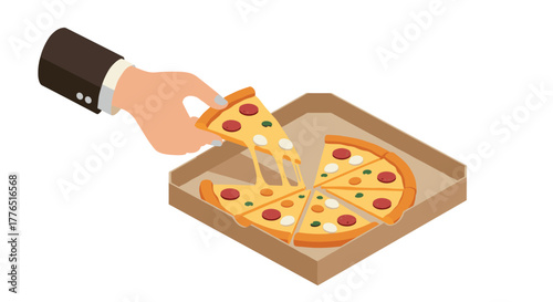 Isometric hand picking pizza slice from box with melting cheese and pepperoni