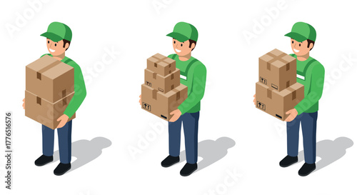 Delivery worker in green uniform carrying cardboard boxes for shipping and logistics