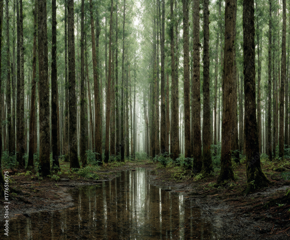 Fototapeta premium Rain-Soaked Cedar Forest Stillness