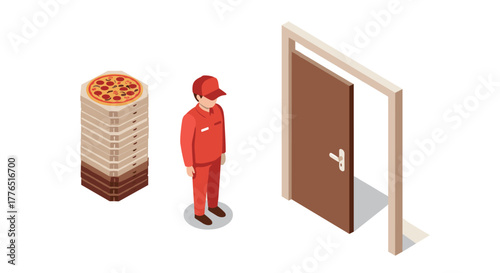 Pizza delivery concept isometric delivery person and stack of pizzas at doorstep