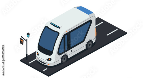 Futuristic isometric electric bus on road with street lamp and sign