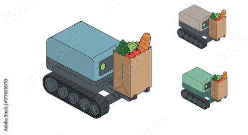 Autonomous delivery robot with grocery bag in isometric design