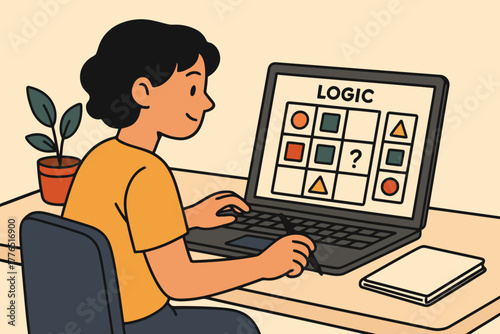Young person focused on laptop screen solving a logic puzzle game