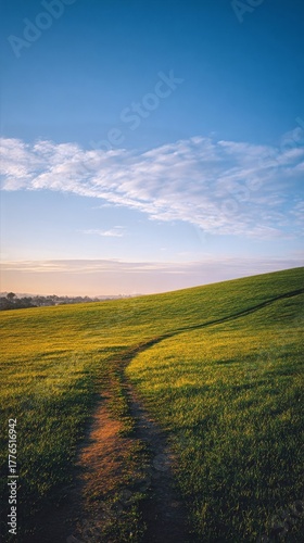 Sunset Over Rolling Green Fields and a Winding Dirt Path in a Serene Landscape