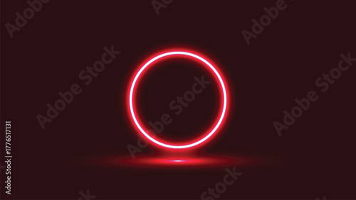 Vibrant red neon oval ring glowing in the dark with subtle reflections on a deep crimson background