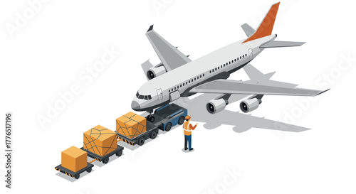Isometric airplane cargo loading scene with worker handling boxes and trolleys