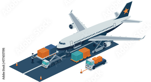 Isometric cargo plane loading scene with workers and containers on airfield