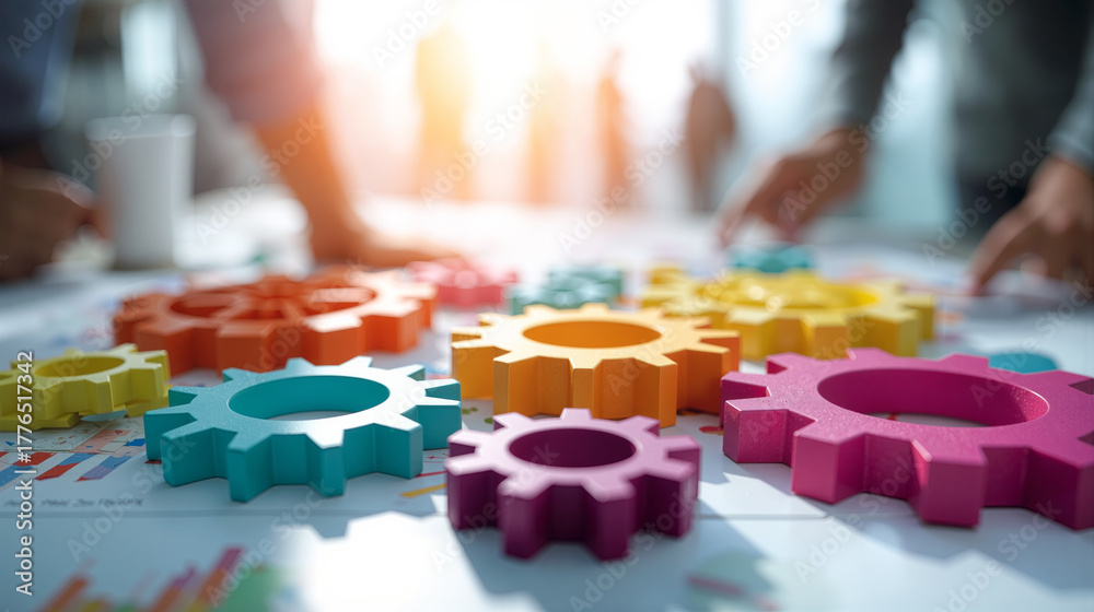Naklejka premium Colorful gears being joined on a table under bright sunlight in a creative workspace