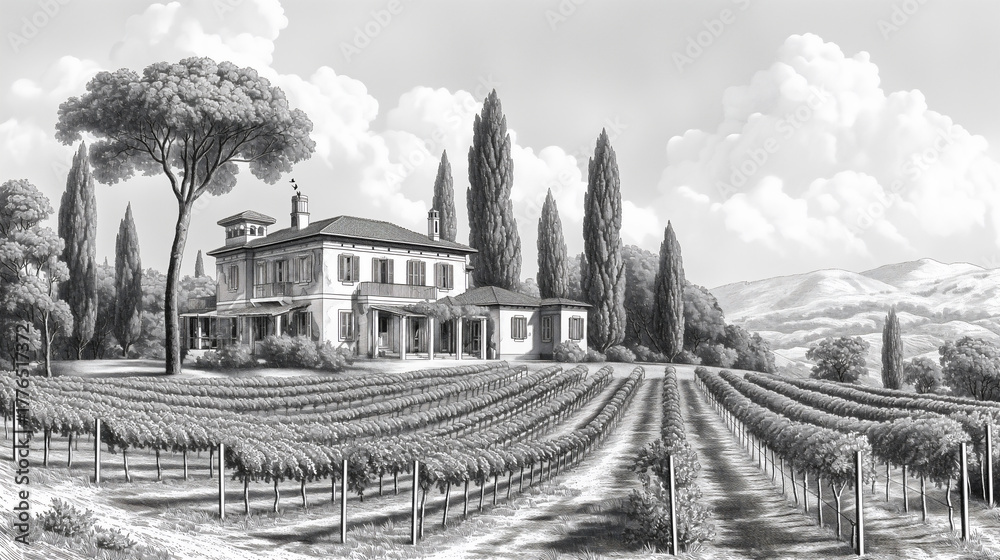 Naklejka premium hillside vineyard with a grand Tuscan-style estate surrounded by cypress trees and cultivated grapevines . Generative ai raster colorful illustration.