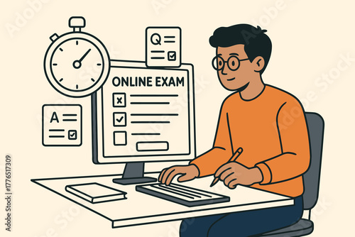 Young man taking an online exam on a computer with a stopwatch nearby