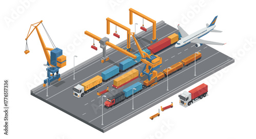Isometric shipping logistics with cargo containers, trucks, cranes, and airplane