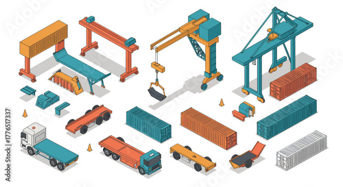 Isometric shipping and cargo equipment set with containers and cranes