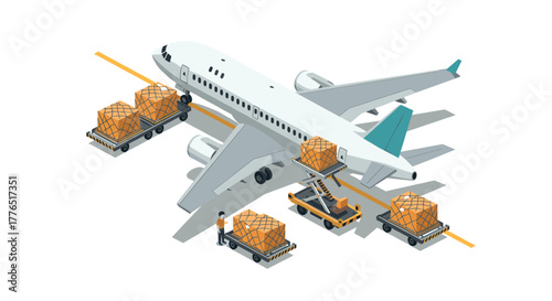 Airplane cargo loading process in isometric style with crates and workers