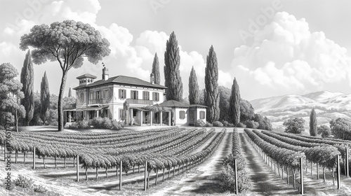 hillside vineyard with a grand Tuscan-style estate surrounded by cypress trees and cultivated grapevines . Generative ai raster colorful illustration.