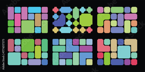 Bento grid layout abstract pattern of colorful rounded rectangles and squares arranged in a grid on a black background