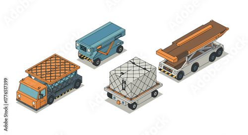 Isometric airport equipment baggage carts and conveyor trucks in modern design