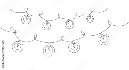A line drawing showing two strands of christmas lights with round bulbs and pointed tops hanging down