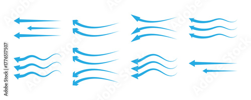 Air flow arrows. Blue cold wind stream, fresh water direction, filter and conditioner system infographic transparent movement and rotation elements. Vector arrow icons set
